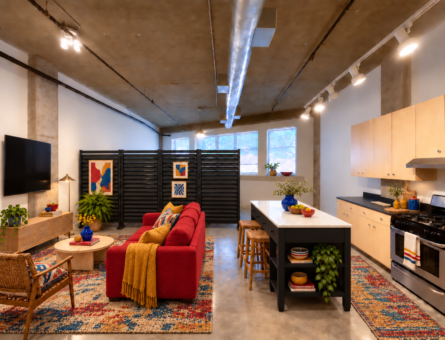 Color-forward Icehouse Lofts furnished concept